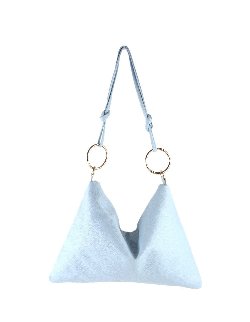 Grote luxe blauwe lederen handtas met goudkleurige ringen