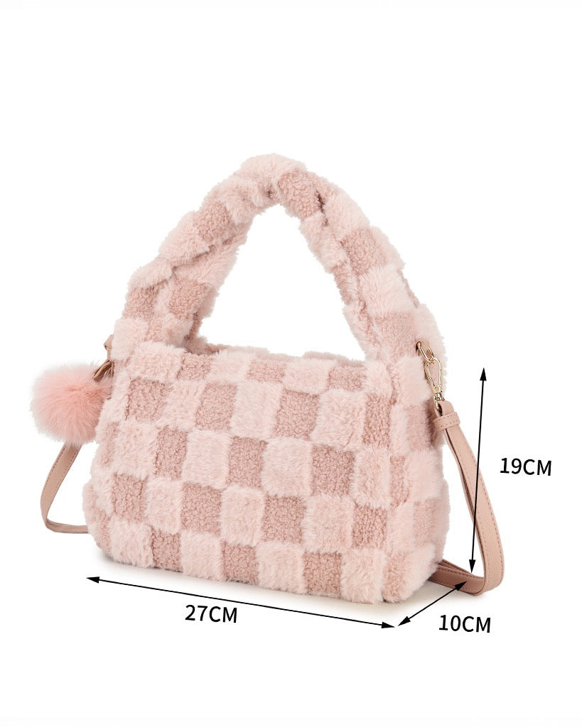 Superleuke roze teddy schoudertas met schaakpatroon