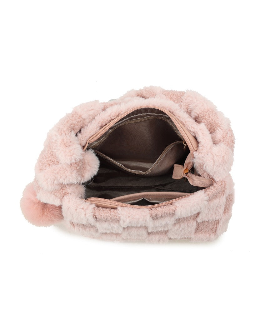 Superleuke roze teddy schoudertas met schaakpatroon