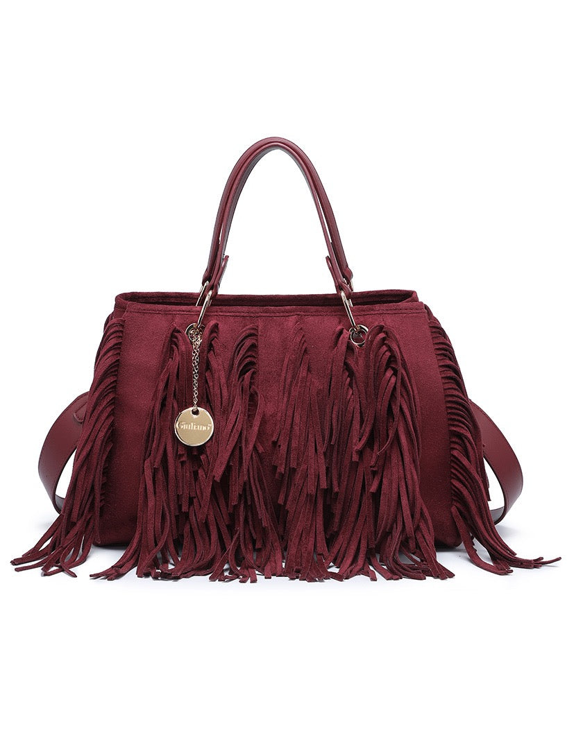 Trendy bordeaux rode handtas met speelse franjes