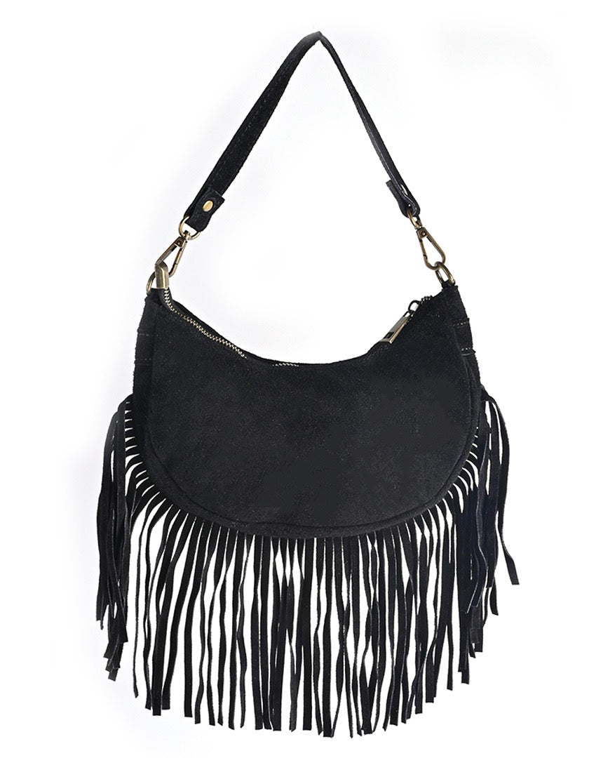 Stoere zwarte maanvormige handtas met franjes