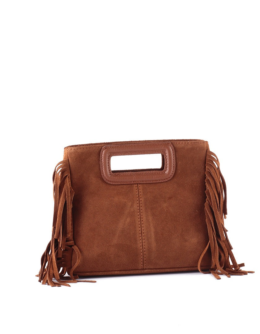 Stoere bruin suède handtas met franjes